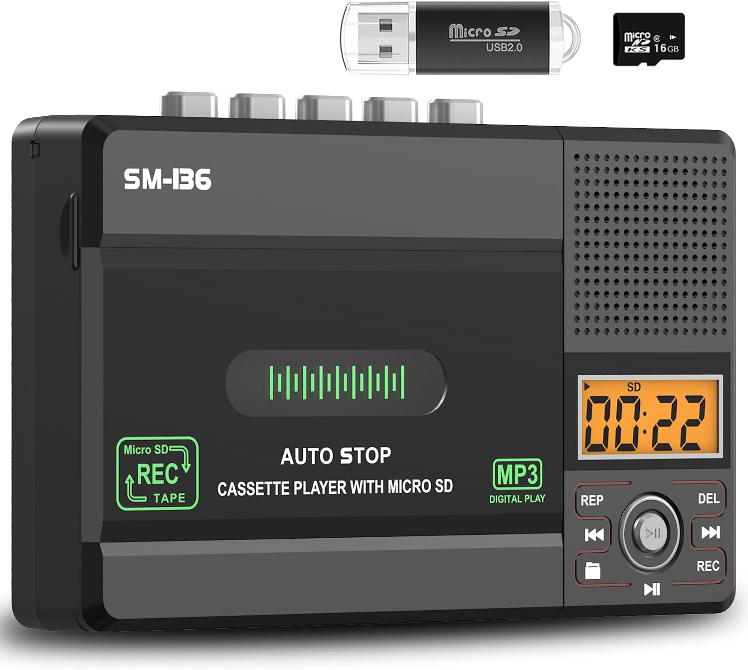 Small Cassette Tape Player, USB C or SD Card Audio Cassette to MP3 Digital Converter, Record to Cassette/Computer/Sd Card via Mic, Loud Speaker, Headphone Jack, 16GB SD Card for Type I Tapes