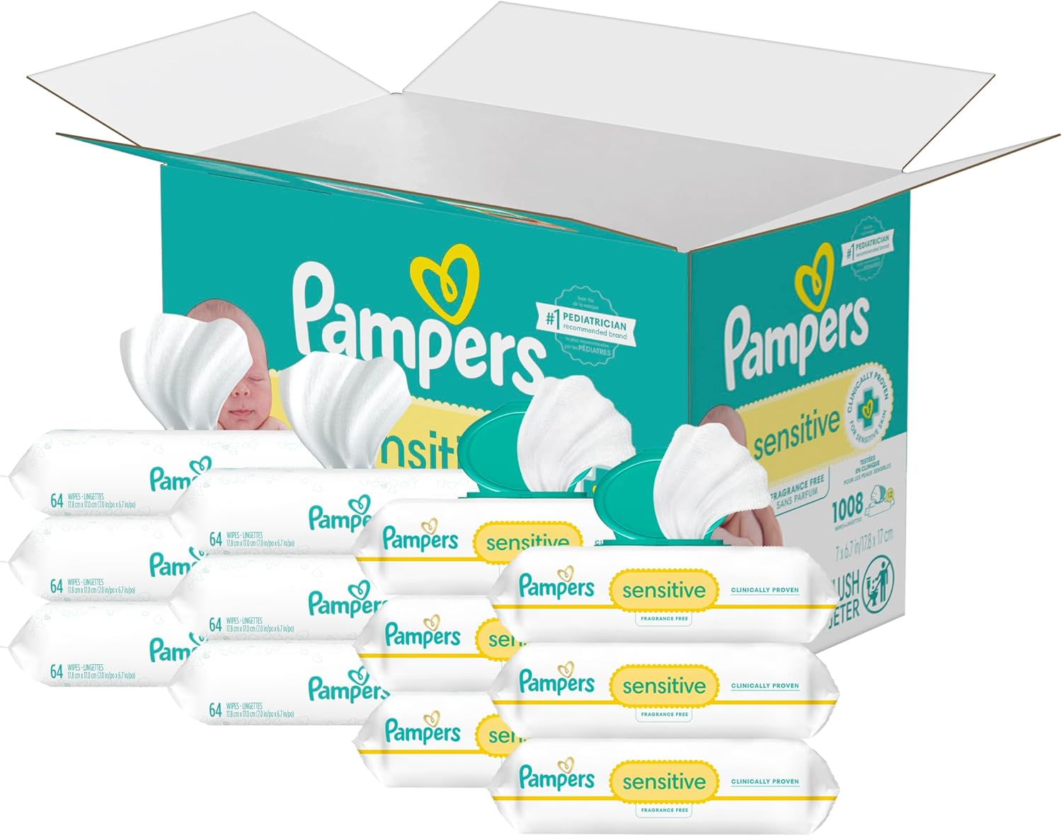 Pampers Sensitive Baby Wipes, Water Based, Hypoallergenic and Unscented, 8 Flip-Top Packs
