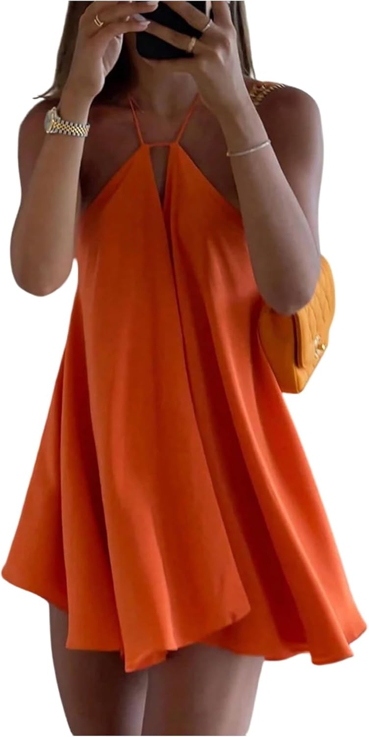 Women'S Halter Neck Sleeveless Bow Tie Backless Flowy Mini Dress Beach Vacation Clothes