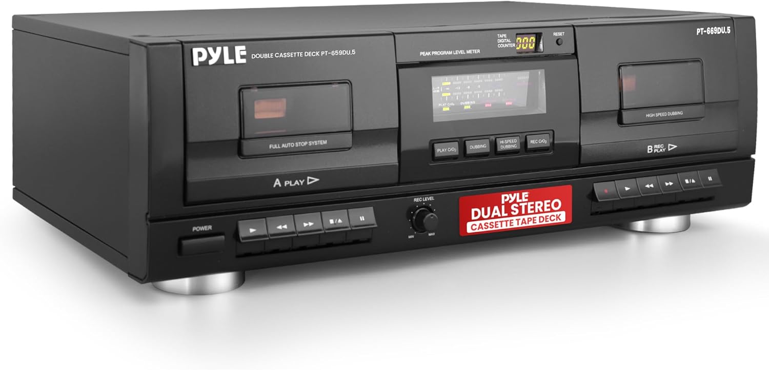 Dual Stereo Cassette Tape Deck - Clear Audio Double Player Recorder System W/ MP3 - PT659DU