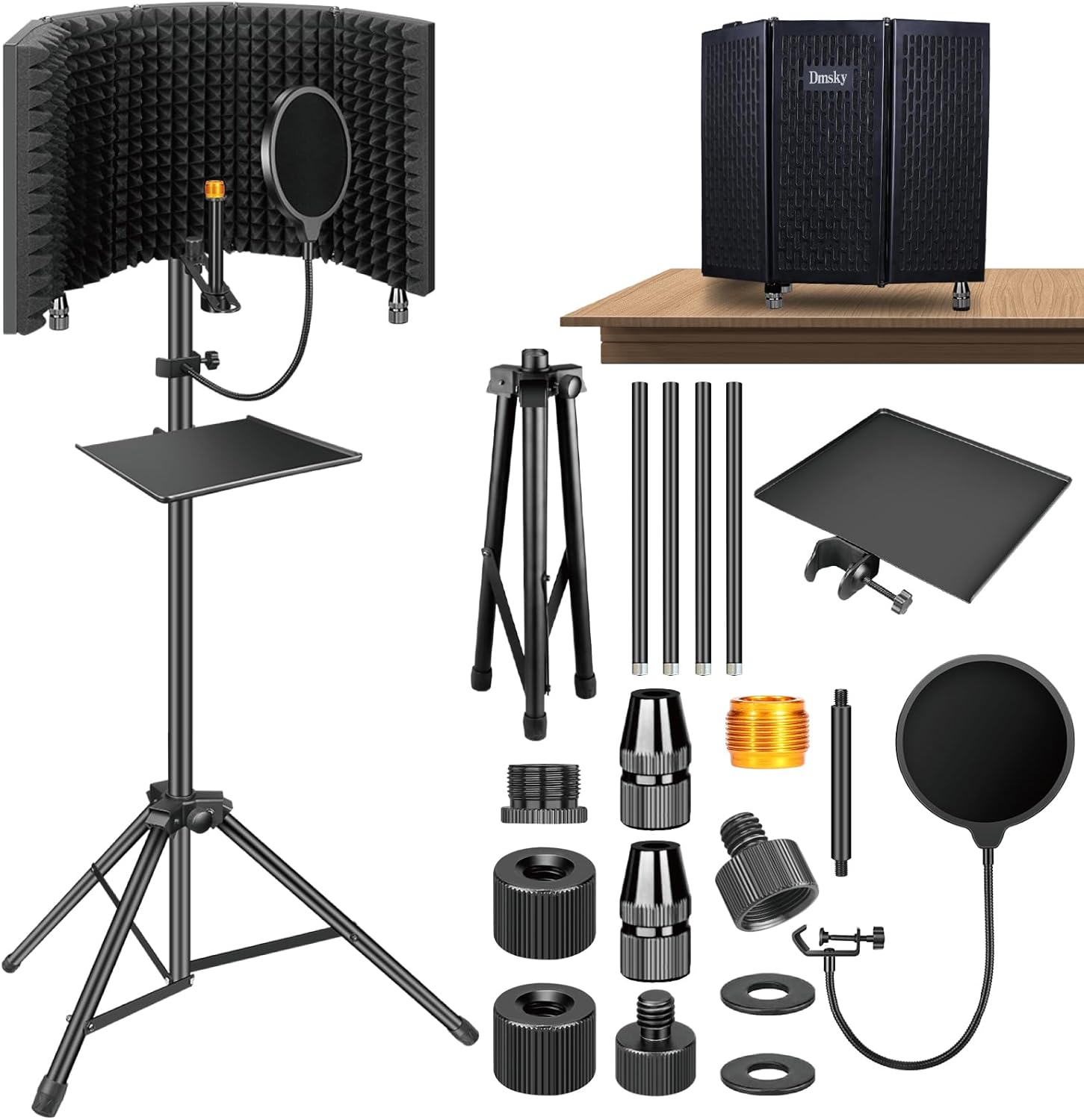 Microphone Isolation Shield with Pop Filter & Tripod Stand, Foldable Mic Shield with Triple Sound Insulationo